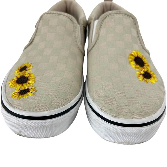 Vans Girls Beige Checkerboard Slip-On Sneakers Sunflower Embroidery Junior Sz 4 - Picture 6 of 8
